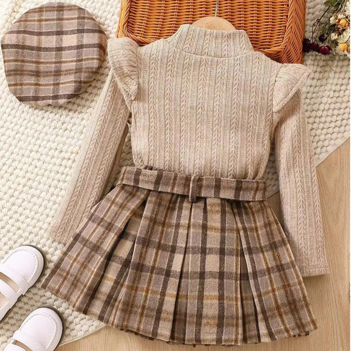 Vintage Plaid Skirt Outfit with Knit Top, Beret & Accessories (1-6 Years)